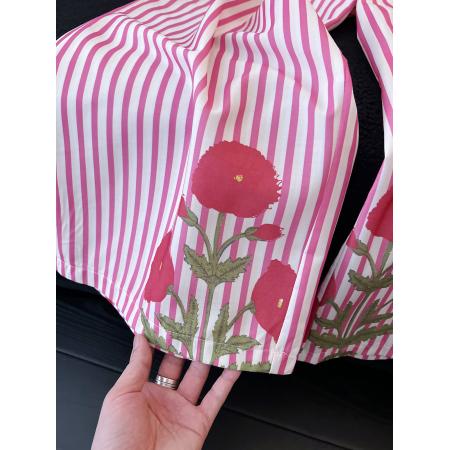 BY15767# 慵懒松弛感穿搭复古田园度假风薄款花卉印花亚麻条纹阔腿裤女  服裝批發女裝批發服飾貨源