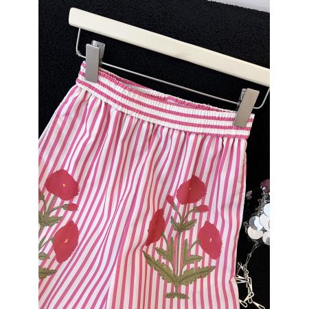 BY15767# 慵懒松弛感穿搭复古田园度假风薄款花卉印花亚麻条纹阔腿裤女  服裝批發女裝批發服飾貨源