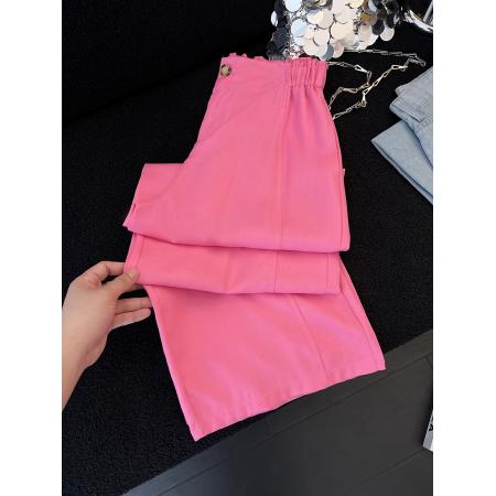 BY15768# 玫红色亚麻裤女夏季新款老钱风时尚气质百搭高腰显瘦裤子  服裝批發女裝批發服飾貨源