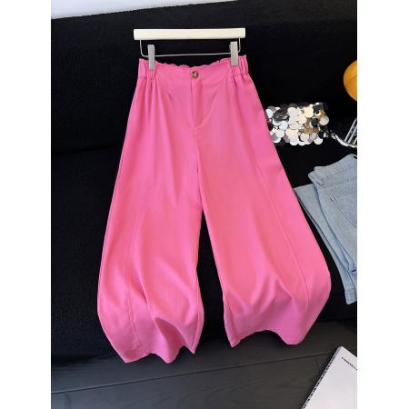 BY15768# 玫红色亚麻裤女夏季新款老钱风时尚气质百搭高腰显瘦裤子  服裝批發女裝批發服飾貨源