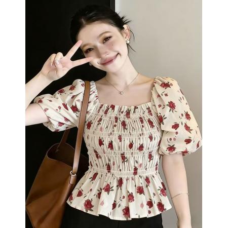 BY15770# 泡泡短袖碎花雪纺衬衫女夏季大码胖mm显瘦遮肚子裙摆上衣方领小衫  服裝批發女裝批發服飾貨源