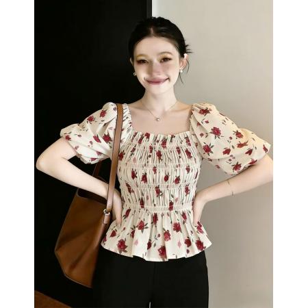 BY15770# 泡泡短袖碎花雪纺衬衫女夏季大码胖mm显瘦遮肚子裙摆上衣方领小衫  服裝批發女裝批發服飾貨源