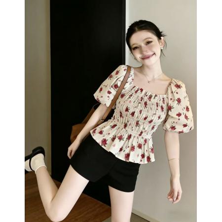 BY15770# 泡泡短袖碎花雪纺衬衫女夏季大码胖mm显瘦遮肚子裙摆上衣方领小衫  服裝批發女裝批發服飾貨源