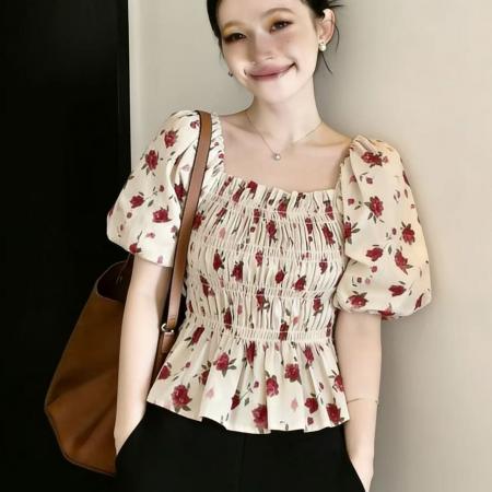 BY15770# 泡泡短袖碎花雪纺衬衫女夏季大码胖mm显瘦遮肚子裙摆上衣方领小衫  服裝批發女裝批發服飾貨源