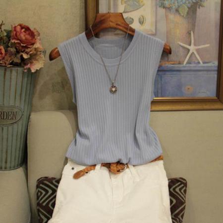 BY15771# 春夏季新款圆领背心女百搭冰丝薄款内搭无袖针织纯色外穿上衣  服裝批發女裝批發服飾貨源