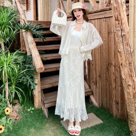 BY15780# 夏季新款设计感拼接蕾丝长袖衬衫衬衣百搭背心蕾丝半裙套装  服裝批發女裝批發服飾貨源