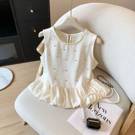 BY15789# 小香风烫钻无袖衬衫设计感拼接无袖裙摆小上衣甜美花苞背心  服裝批發女裝批發服飾貨源