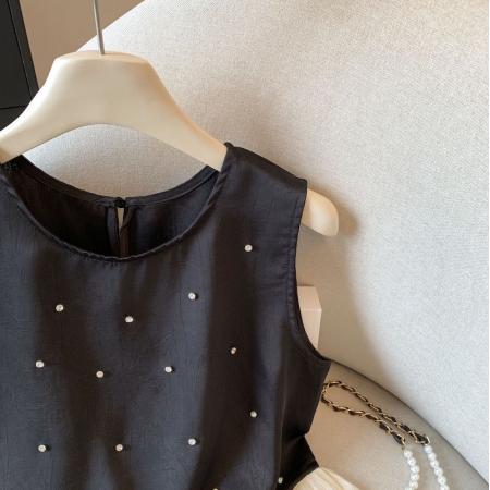 BY15789# 小香风烫钻无袖衬衫设计感拼接无袖裙摆小上衣甜美花苞背心  服裝批發女裝批發服飾貨源