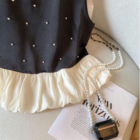 BY15789# 小香风烫钻无袖衬衫设计感拼接无袖裙摆小上衣甜美花苞背心  服裝批發女裝批發服飾貨源