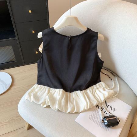BY15789# 小香风烫钻无袖衬衫设计感拼接无袖裙摆小上衣甜美花苞背心  服裝批發女裝批發服飾貨源