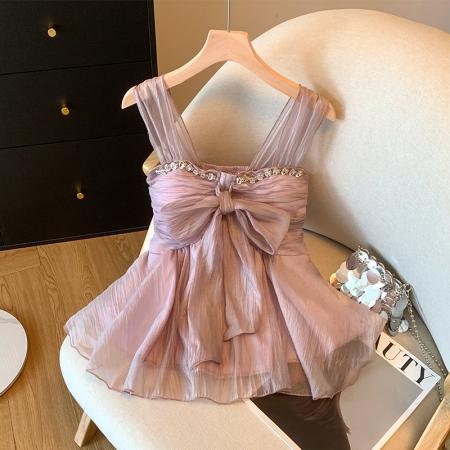 BY15791# 紫色镶钻蝴蝶结吊带背心女夏季辣妹荷叶边小衫法式雪纺上衣  服裝批發女裝批發服飾貨源