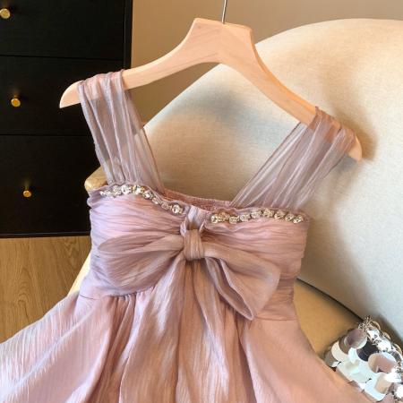 BY15791# 紫色镶钻蝴蝶结吊带背心女夏季辣妹荷叶边小衫法式雪纺上衣  服裝批發女裝批發服飾貨源