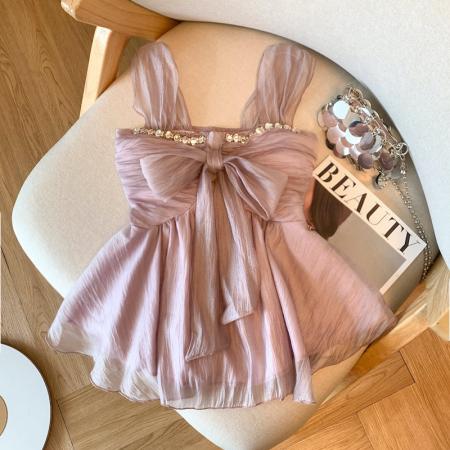 BY15791# 紫色镶钻蝴蝶结吊带背心女夏季辣妹荷叶边小衫法式雪纺上衣  服裝批發女裝批發服飾貨源