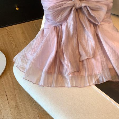 BY15791# 紫色镶钻蝴蝶结吊带背心女夏季辣妹荷叶边小衫法式雪纺上衣  服裝批發女裝批發服飾貨源