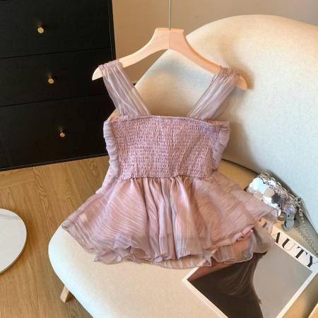 BY15791# 紫色镶钻蝴蝶结吊带背心女夏季辣妹荷叶边小衫法式雪纺上衣  服裝批發女裝批發服飾貨源