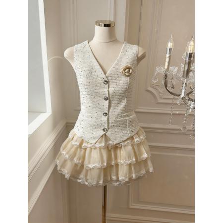 BY15792# 法式名媛亮闪粗花呢V领马甲背心+高腰蛋糕短裙两件套  服裝批發女裝批發服飾貨源