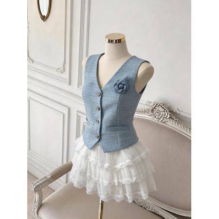 BY15792# 法式名媛亮闪粗花呢V领马甲背心+高腰蛋糕短裙两件套  服裝批發女裝批發服飾貨源