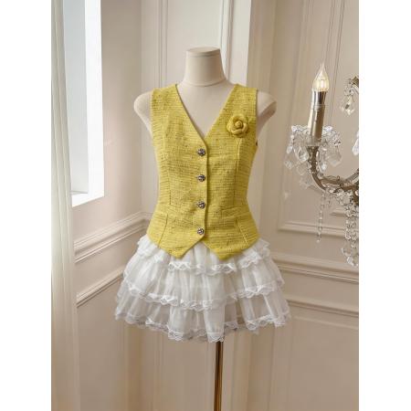 BY15792# 法式名媛亮闪粗花呢V领马甲背心+高腰蛋糕短裙两件套  服裝批發女裝批發服飾貨源