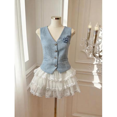 BY15792# 法式名媛亮闪粗花呢V领马甲背心+高腰蛋糕短裙两件套  服裝批發女裝批發服飾貨源