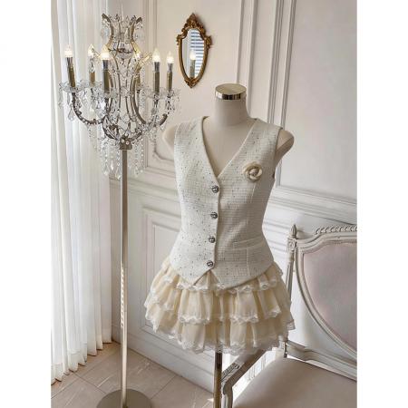 BY15792# 法式名媛亮闪粗花呢V领马甲背心+高腰蛋糕短裙两件套  服裝批發女裝批發服飾貨源