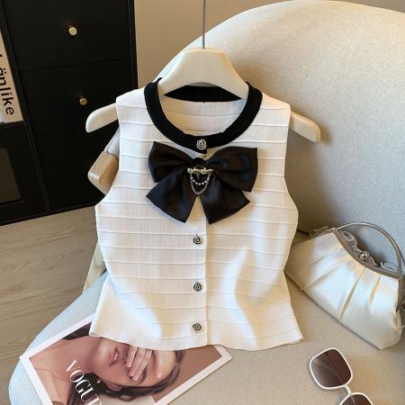 BY15794# 独特漂亮上衣小香风马甲女高级感超好看蝴蝶结背心针织衫  服裝批發女裝批發服飾貨源