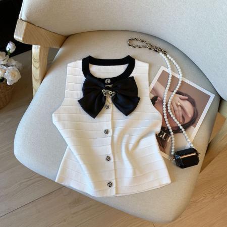 BY15794# 独特漂亮上衣小香风马甲女高级感超好看蝴蝶结背心针织衫  服裝批發女裝批發服飾貨源