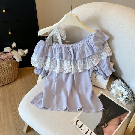 BY15795# 夏季新款时尚百搭一字肩荷叶边蕾丝拼接短袖衬衫上衣女  服裝批發女裝批發服飾貨源