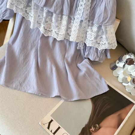 BY15795# 夏季新款时尚百搭一字肩荷叶边蕾丝拼接短袖衬衫上衣女  服裝批發女裝批發服飾貨源