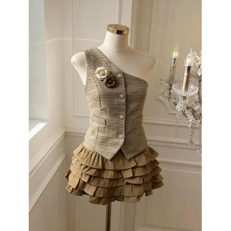 BY15797# 法式辣妹小香风挂脖马甲蛋糕裙套装纯欲风显瘦两件套  服裝批發女裝批發服飾貨源