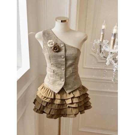 BY15797# 法式辣妹小香风挂脖马甲蛋糕裙套装纯欲风显瘦两件套  服裝批發女裝批發服飾貨源