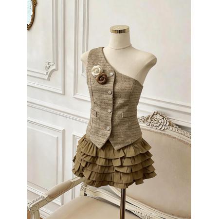 BY15797# 法式辣妹小香风挂脖马甲蛋糕裙套装纯欲风显瘦两件套  服裝批發女裝批發服飾貨源