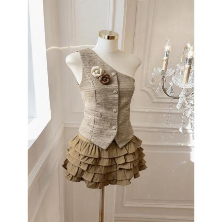 BY15797# 法式辣妹小香风挂脖马甲蛋糕裙套装纯欲风显瘦两件套  服裝批發女裝批發服飾貨源