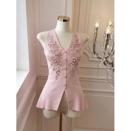 BY15798# 重工钉珠v领针织背心女设计感别致开衫辣妹无袖上衣  服裝批發女裝批發服飾貨源