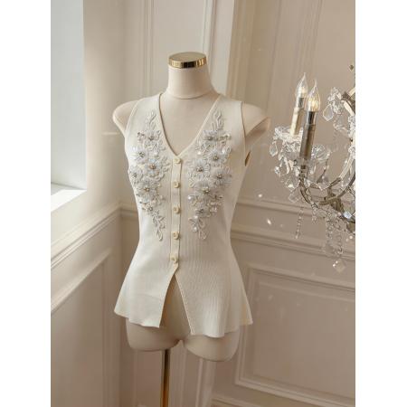 BY15798# 重工钉珠v领针织背心女设计感别致开衫辣妹无袖上衣  服裝批發女裝批發服飾貨源