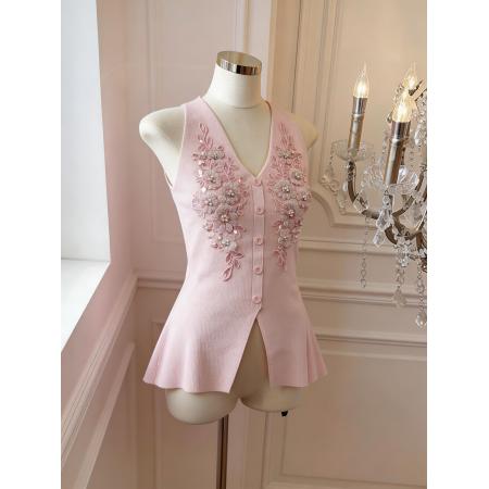 BY15798# 重工钉珠v领针织背心女设计感别致开衫辣妹无袖上衣  服裝批發女裝批發服飾貨源