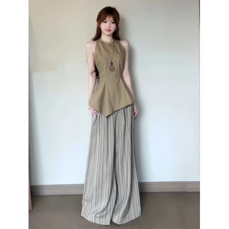 BY15802# 气质一整套ootd穿搭夏季新款通勤风卡其色无袖上衣阔腿裤两件套装  服裝批發女裝批發服飾貨源