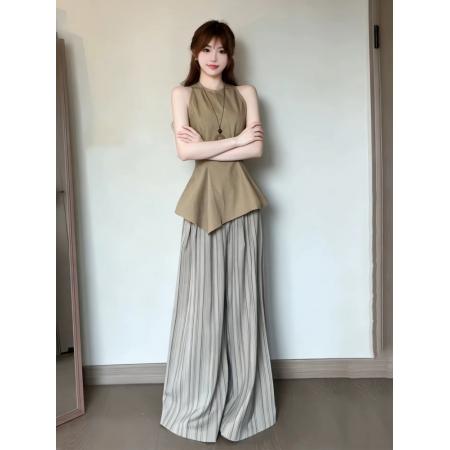 BY15802# 气质一整套ootd穿搭夏季新款通勤风卡其色无袖上衣阔腿裤两件套装  服裝批發女裝批發服飾貨源