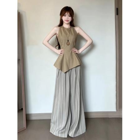 BY15802# 气质一整套ootd穿搭夏季新款通勤风卡其色无袖上衣阔腿裤两件套装  服裝批發女裝批發服飾貨源