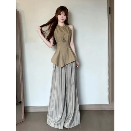 BY15802# 气质一整套ootd穿搭夏季新款通勤风卡其色无袖上衣阔腿裤两件套装  服裝批發女裝批發服飾貨源