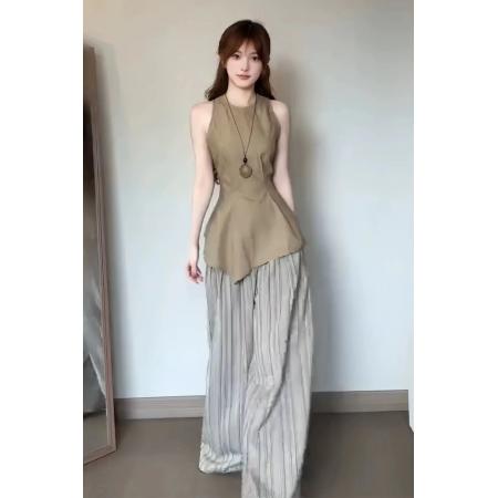 BY15802# 气质一整套ootd穿搭夏季新款通勤风卡其色无袖上衣阔腿裤两件套装  服裝批發女裝批發服飾貨源