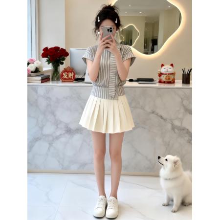 BY15803# 韩系条纹衬衫套装女夏季新款学院风减龄气质小众设计感短裙两件套  服裝批發女裝批發服飾貨源