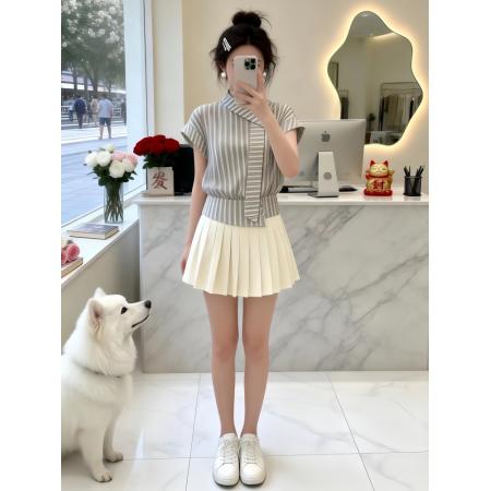 BY15803# 韩系条纹衬衫套装女夏季新款学院风减龄气质小众设计感短裙两件套  服裝批發女裝批發服飾貨源