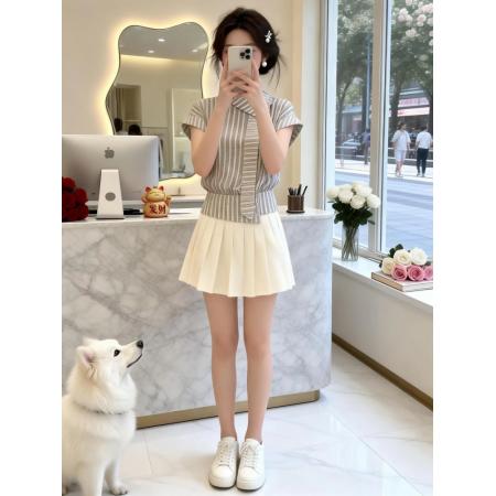 BY15803# 韩系条纹衬衫套装女夏季新款学院风减龄气质小众设计感短裙两件套  服裝批發女裝批發服飾貨源