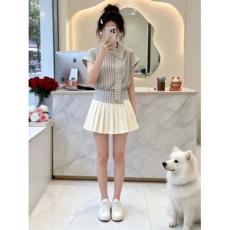 BY15803# 韩系条纹衬衫套装女夏季新款学院风减龄气质小众设计感短裙两件套  服裝批發女裝批發服飾貨源