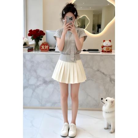 BY15803# 韩系条纹衬衫套装女夏季新款学院风减龄气质小众设计感短裙两件套  服裝批發女裝批發服飾貨源