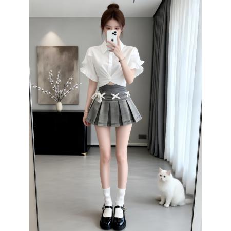 BY15804# 夏季新款韩系辣妹简约白色Polo领短袖衬衫牛仔半身裙两件套女  服裝批發女裝批發服飾貨源