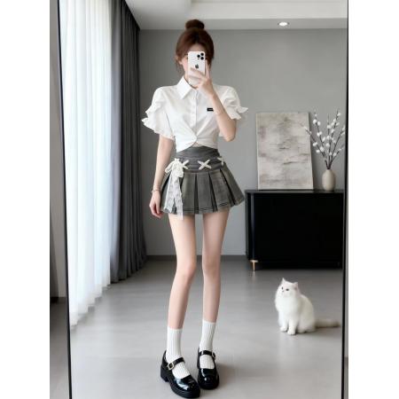 BY15804# 夏季新款韩系辣妹简约白色Polo领短袖衬衫牛仔半身裙两件套女  服裝批發女裝批發服飾貨源