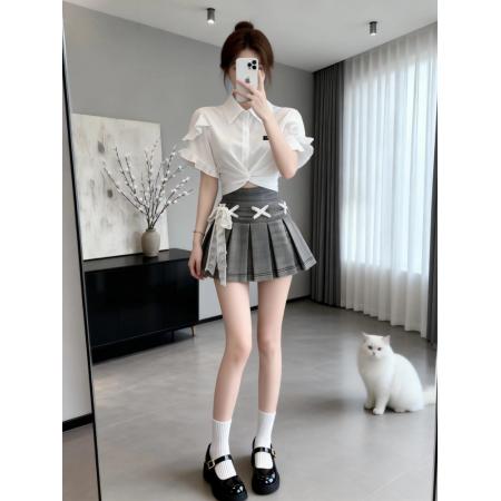 BY15804# 夏季新款韩系辣妹简约白色Polo领短袖衬衫牛仔半身裙两件套女  服裝批發女裝批發服飾貨源