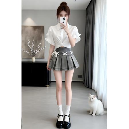 BY15804# 夏季新款韩系辣妹简约白色Polo领短袖衬衫牛仔半身裙两件套女  服裝批發女裝批發服飾貨源