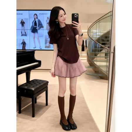 BY15805# 韩系chic套装夏季复古咖色短袖t恤波点短裙独特漂亮巨好看两件套  服裝批發女裝批發服飾貨源